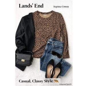 Lands End Animal Print Tee 100% Cotton Long Sleeve Casual Top 2X